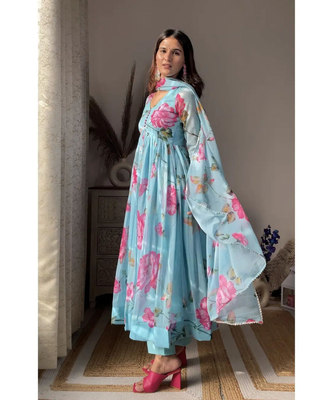 Aniska Sky Blue Floral Print Suit Set