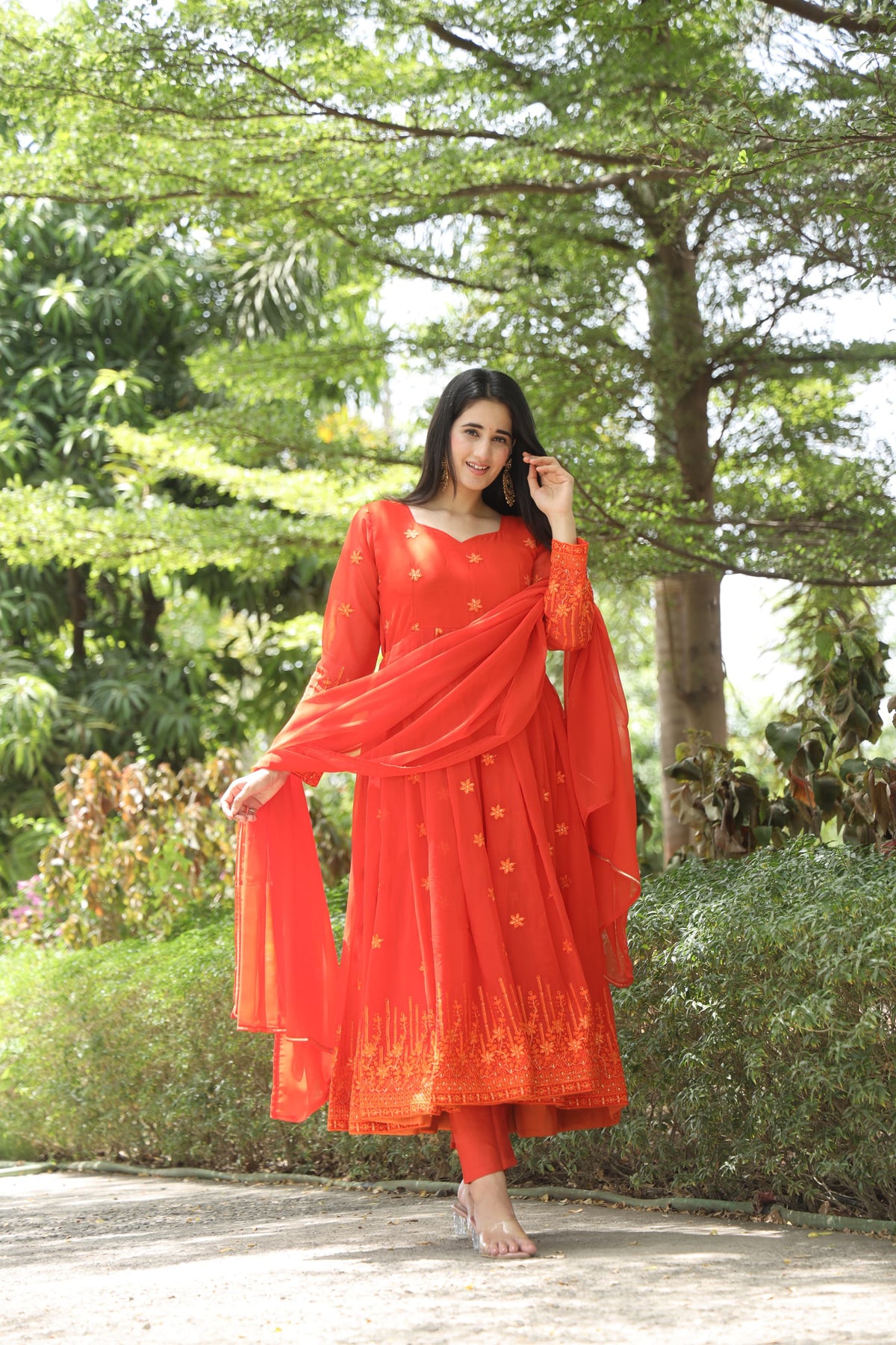 Keshvi's orange Coloured Anarkali Suit