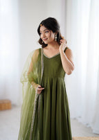Kiyara Mahendi Color Anarkali Suit Set [Sleeves Fabric Attached]
