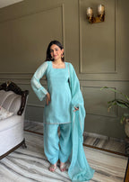 Beautiful Pure Chinon Silk Fabric Straight Fit Kurta, Dupatta With Trouser Set