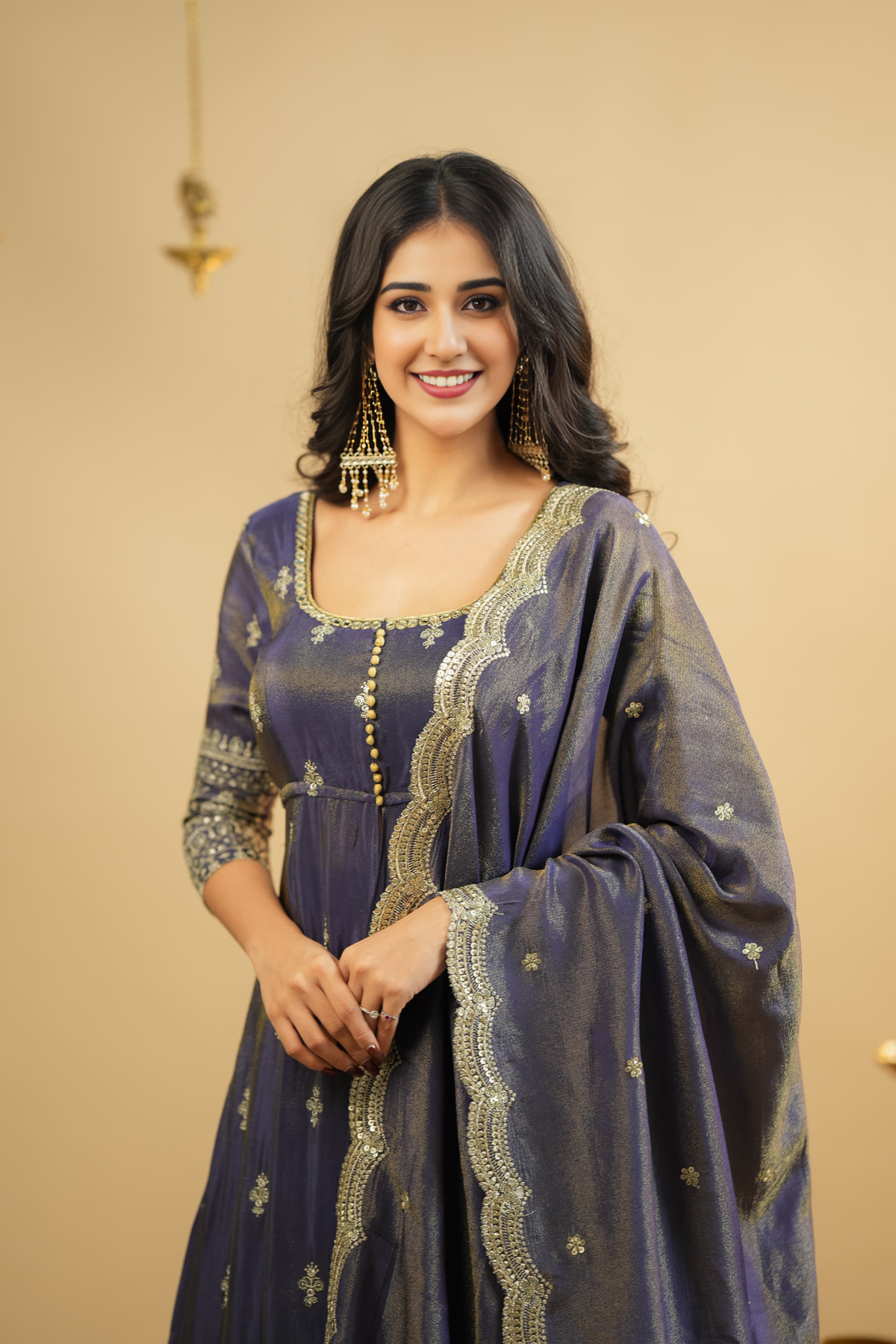 Saakshi`s Grey Cosmo Slik Anarkali Suit With Skirt