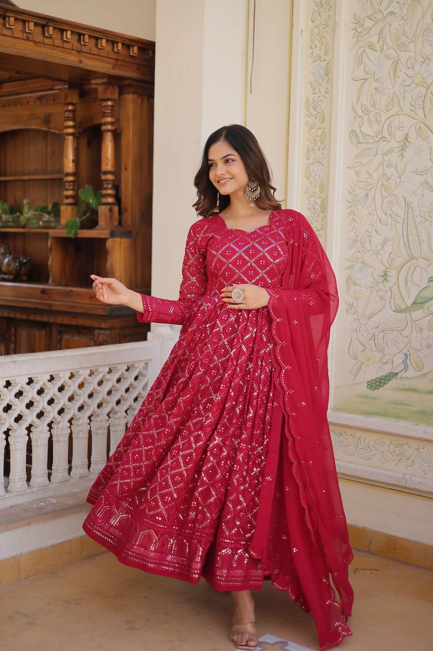 RANI & WINE  EMBROIDERED GEORGETTE ANARKALI  SUIT SET