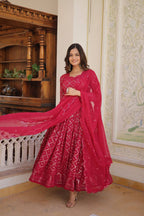 RANI & WINE  EMBROIDERED GEORGETTE ANARKALI  SUIT SET