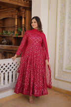 RANI & WINE  EMBROIDERED GEORGETTE ANARKALI  SUIT SET