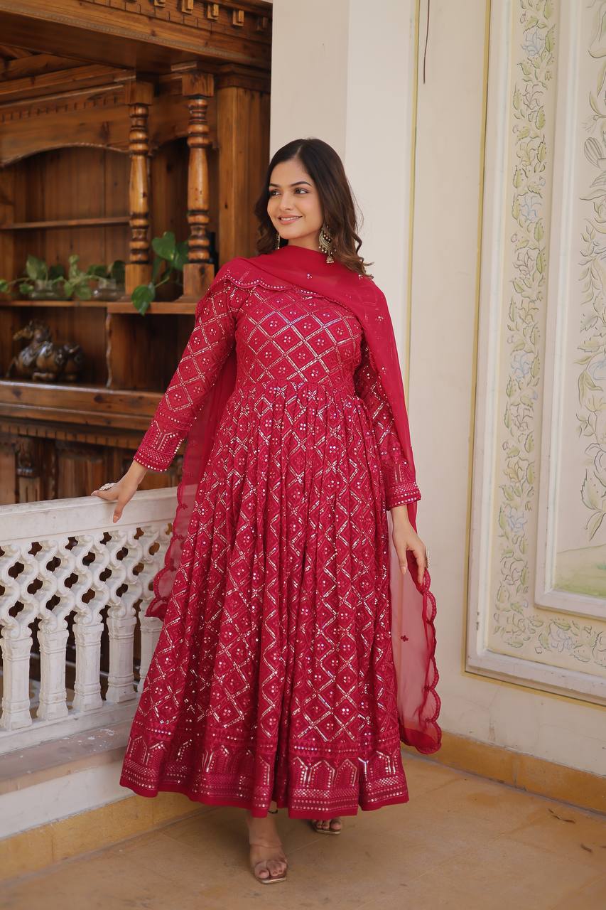 RANI & WINE  EMBROIDERED GEORGETTE ANARKALI  SUIT SET
