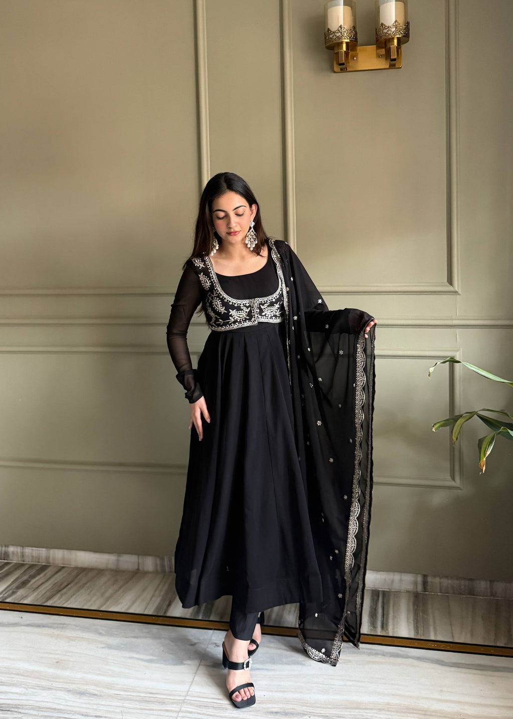 Noor Black Heavy Embroidered Koti  Designer Anarkali Set