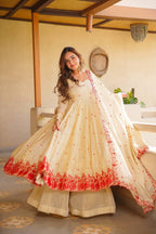 Avira's Elegant Ivory Base with Red Floral Detailing Anarkali Suit Set