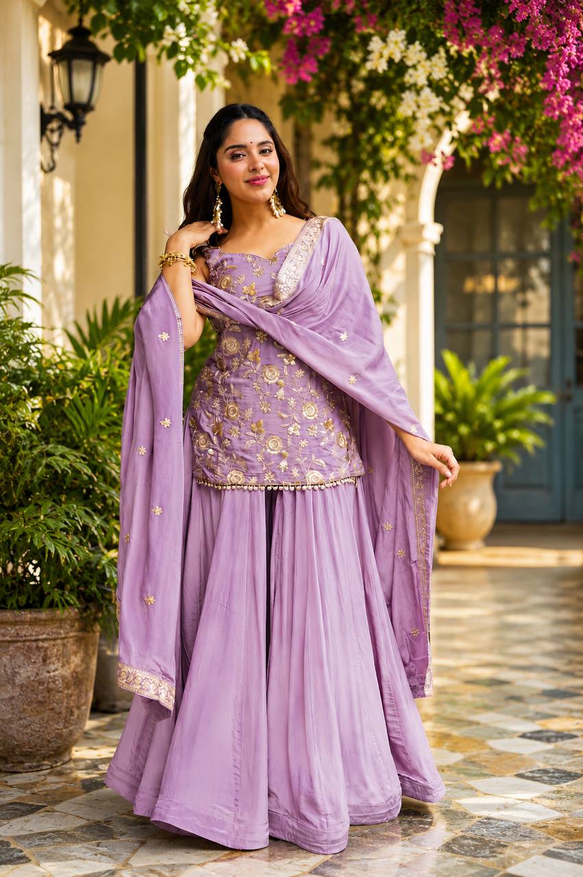 Aarohi's Lavender Diamond Silk  Sharara Suit Set