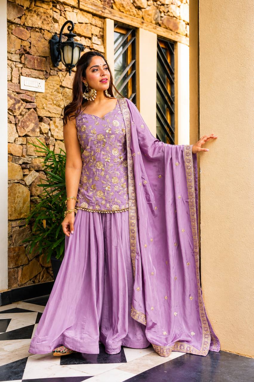 Aarohi's Lavender Diamond Silk  Sharara Suit Set