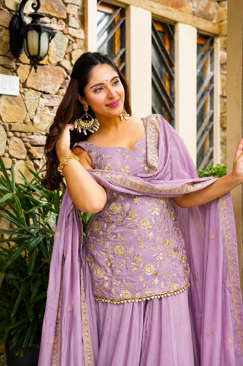 Aarohi's Lavender Diamond Silk  Sharara Suit Set